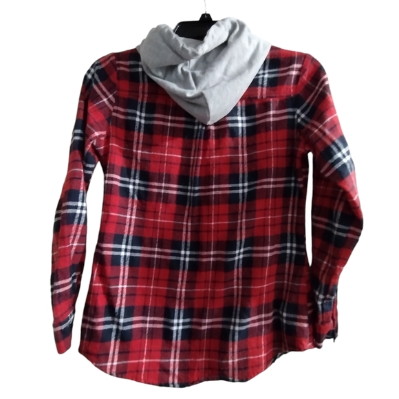 GREAT condition! Jiang Vi Xuan Red Black White hooded flannel button down Medium - Picture 2 of 4